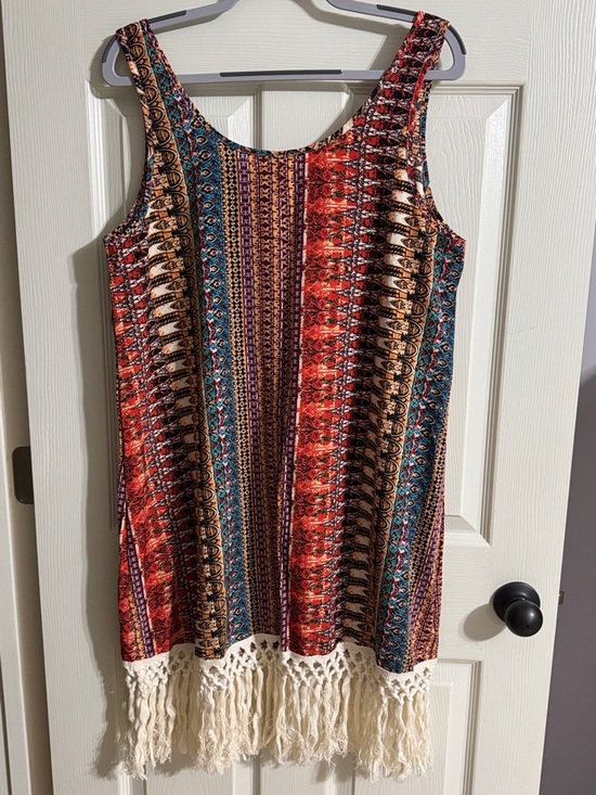 SHEIN Red Multi-Color Boho Midi Dress with Fringe - Picture 4 of 10